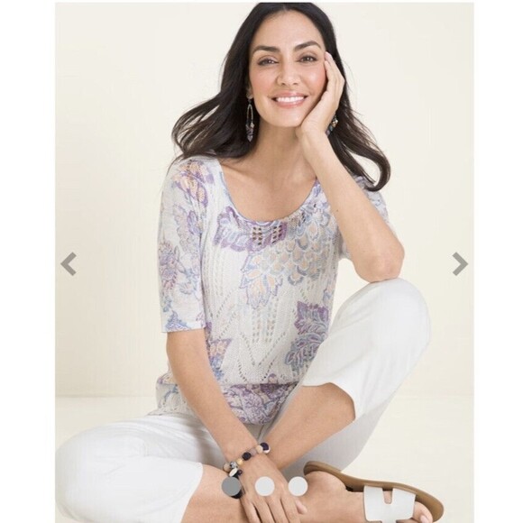 Chicos Women’s Size Large Floral Printed Pointelle-Stitch Open Knit Sweater - Picture 1 of 12